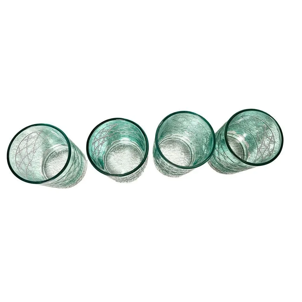 Anthropologie Bianca Jade Green Tumbler Drinking Glasses Etched Set of 4